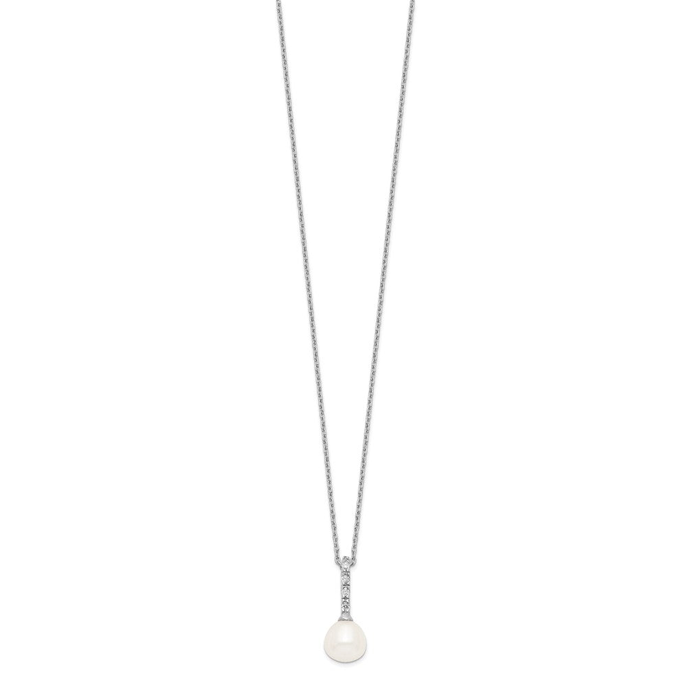 Sterling Silver Rhodium-plated 7- White Teardrop Freshwater Cultured Pearl and CZ Necklace