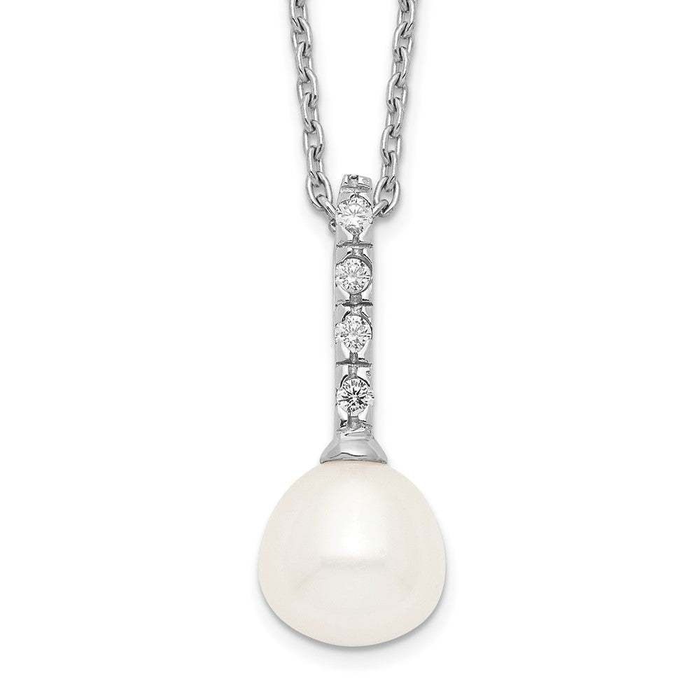 Sterling Silver Rhodium-plated 7- White Teardrop Freshwater Cultured Pearl and CZ Necklace