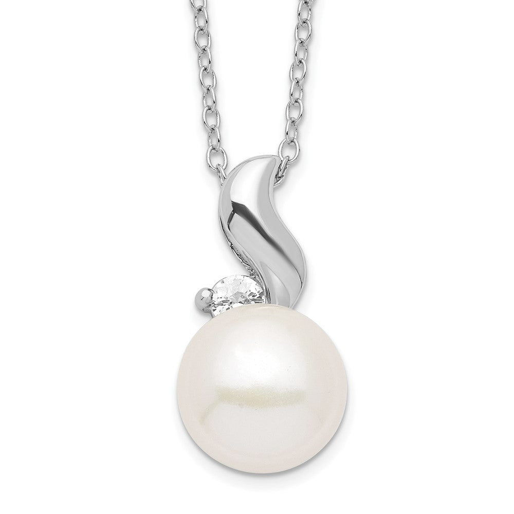 Sterling Silver Rhodium-plated 9- White Button Freshwater Cultured Pearl and CZ Necklace