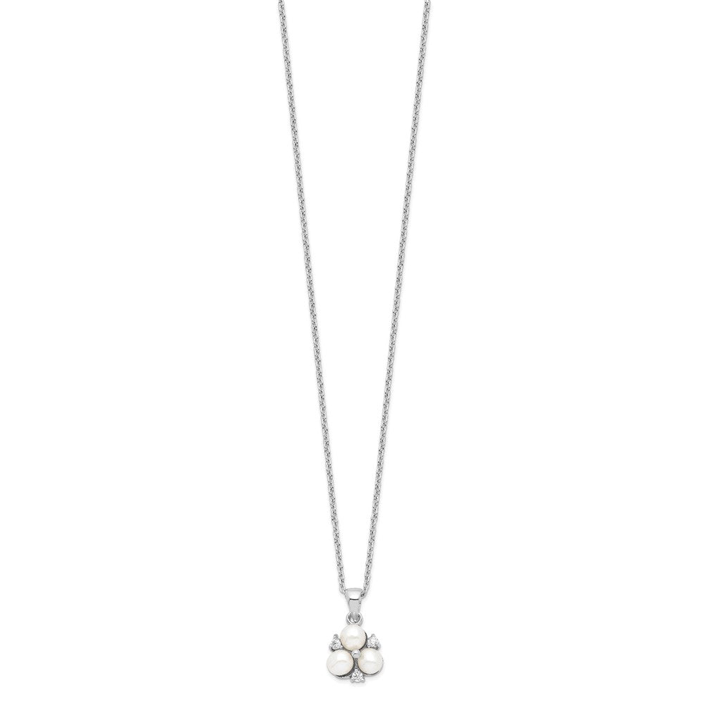 Sterling Silver Rhodium-plated 5- White Button Freshwater Cultured 3-Pearl and CZ Necklace