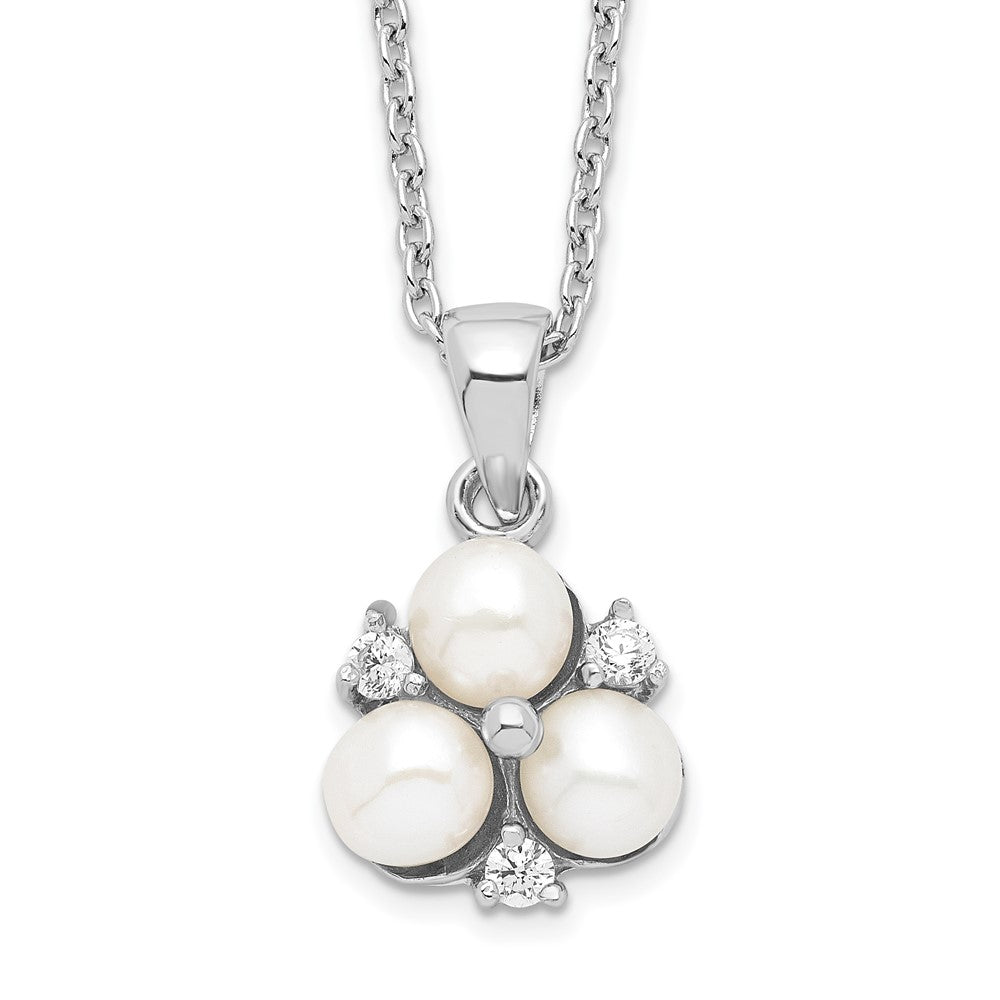 Sterling Silver Rhodium-plated 5- White Button Freshwater Cultured 3-Pearl and CZ Necklace