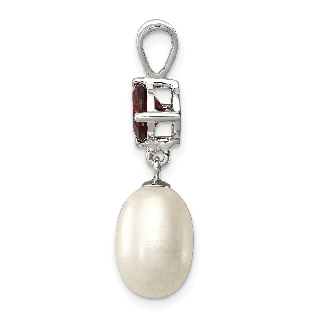 Sterling Silver Rhodium-plated 8- White Teardrop Freshwater Cultured Pearl and 1.00GA Garnet Pendant