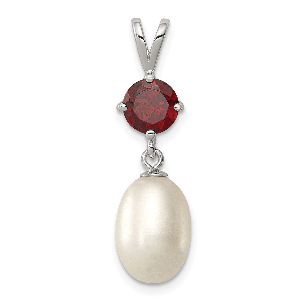Sterling Silver Rhodium-plated 8- White Teardrop Freshwater Cultured Pearl and 1.00GA Garnet Pendant