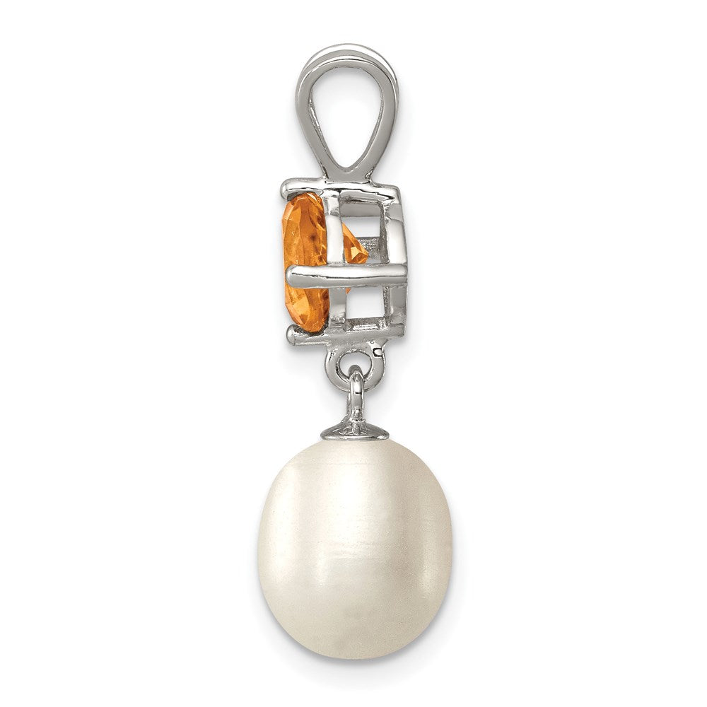 Sterling Silver Rhodium-plated 8- White Teardrop Freshwater Cultured Pearl and .75CI Citrine Pendant