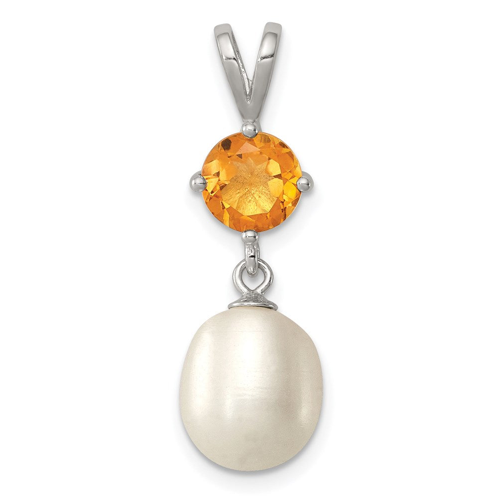 Sterling Silver Rhodium-plated Citrine 8- FWC Pearl Teardrop Pendant