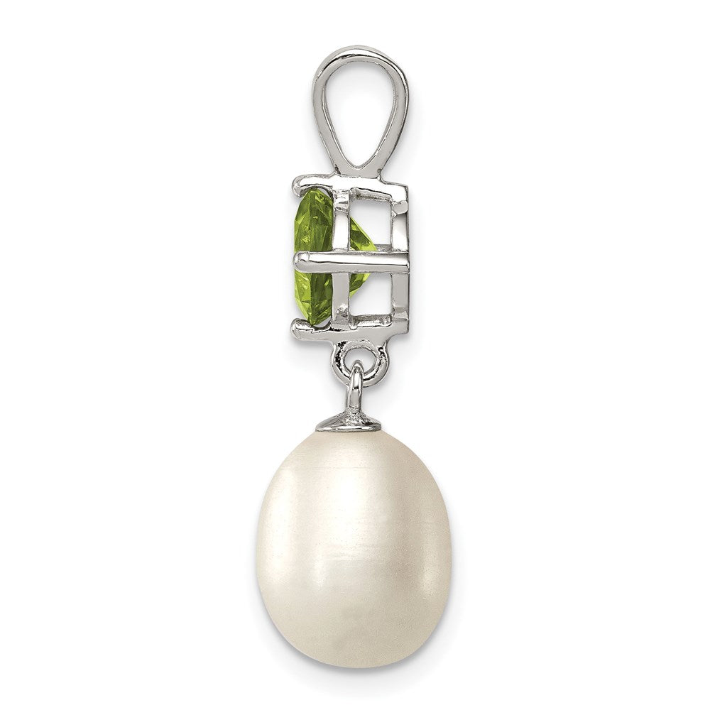 Sterling Silver Rhodium-plated 8- White Teardrop Freshwater Cultured Pearl and .90PE Peridot Pendant