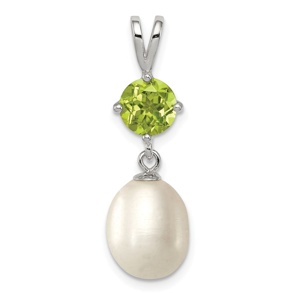 Sterling Silver Rhodium-plated 8- White Teardrop Freshwater Cultured Pearl and .90PE Peridot Pendant