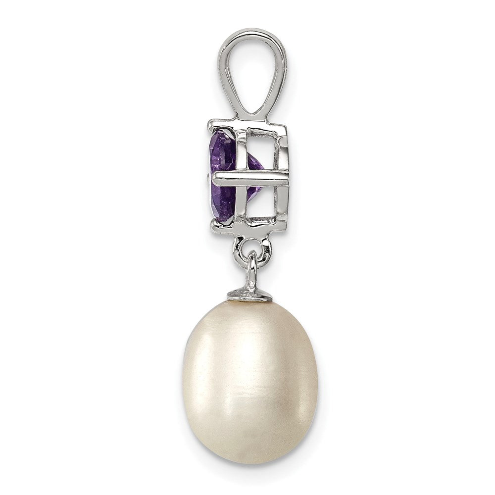 Sterling Silver Rhodium-plated 8- White Teardrop Freshwater Cultured Pearl and .75AM Amethyst Pendant