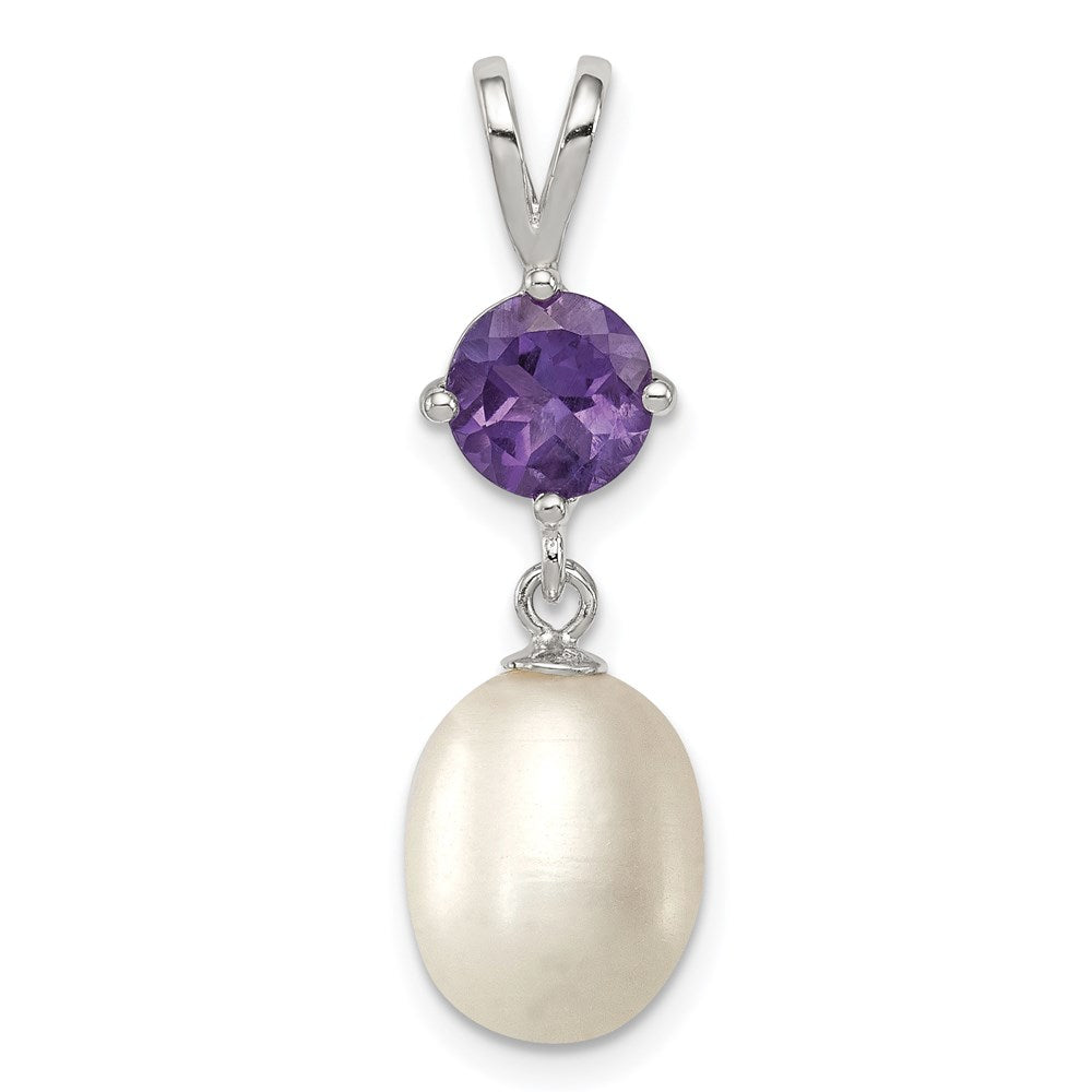 Sterling Silver Rhodium-plated 8- White Teardrop Freshwater Cultured Pearl and .75AM Amethyst Pendant