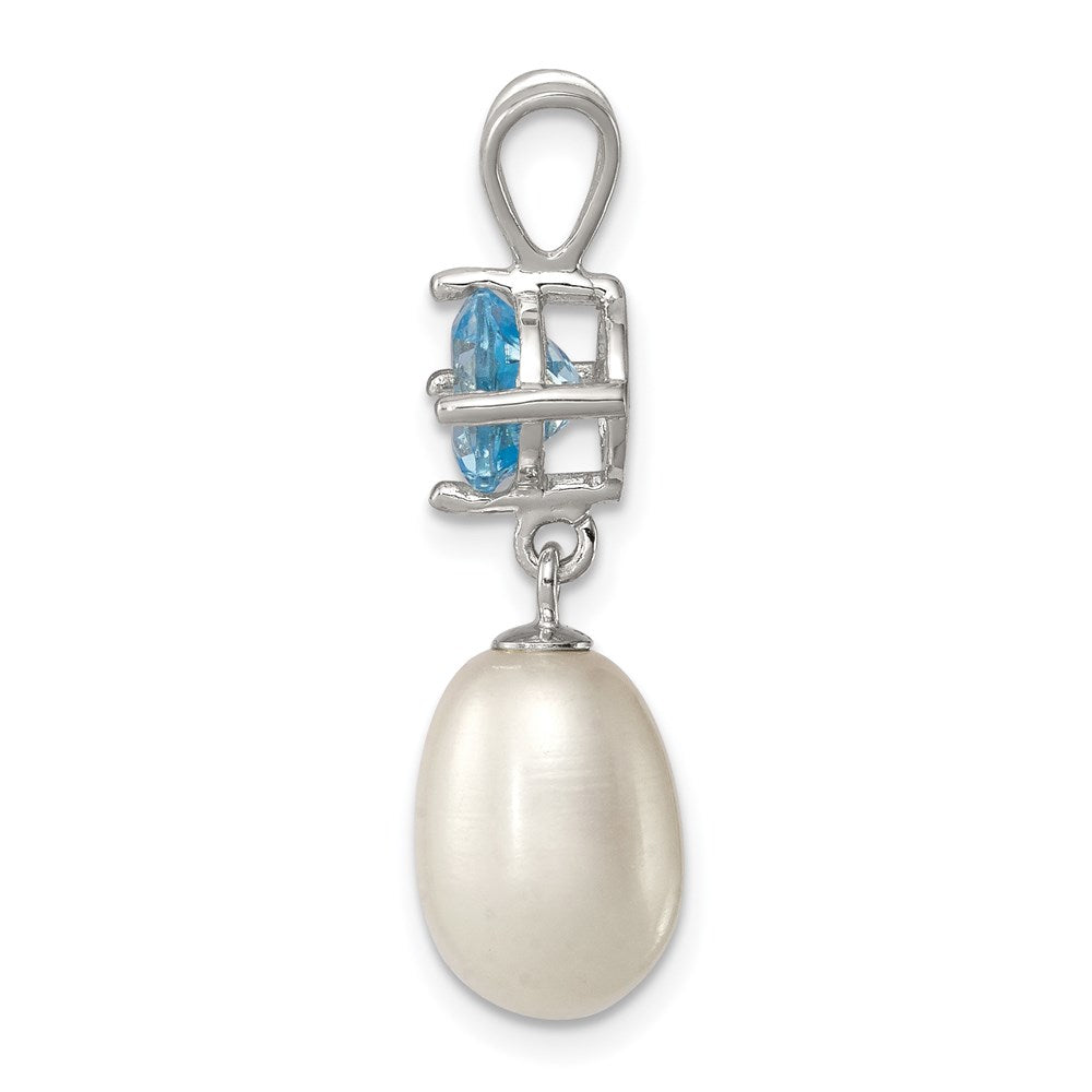 Sterling Silver Rhodium-plated 8- White Teardrop Freshwater Cultured Pearl and 1.05BT Blue Topaz Pendant