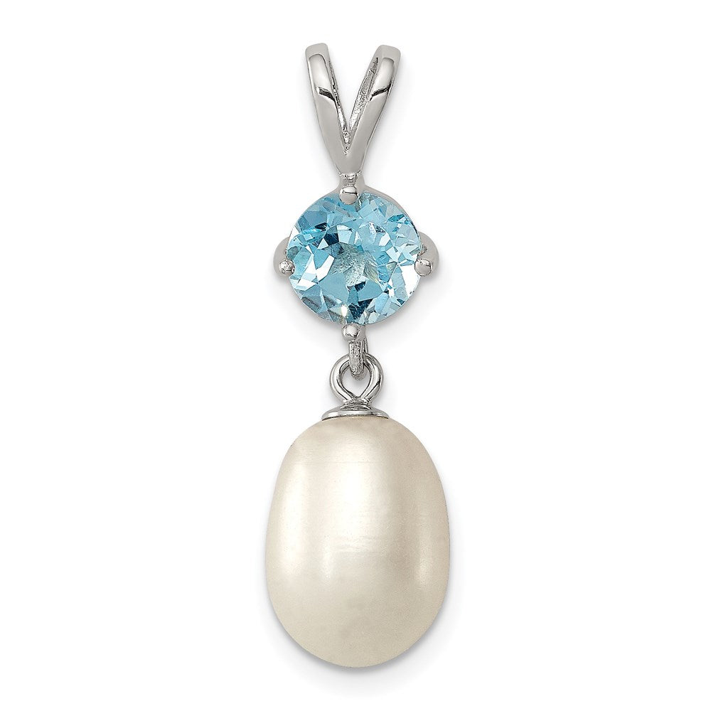 Sterling Silver Rhodium-plated 8- White Teardrop Freshwater Cultured Pearl and 1.05BT Blue Topaz Pendant