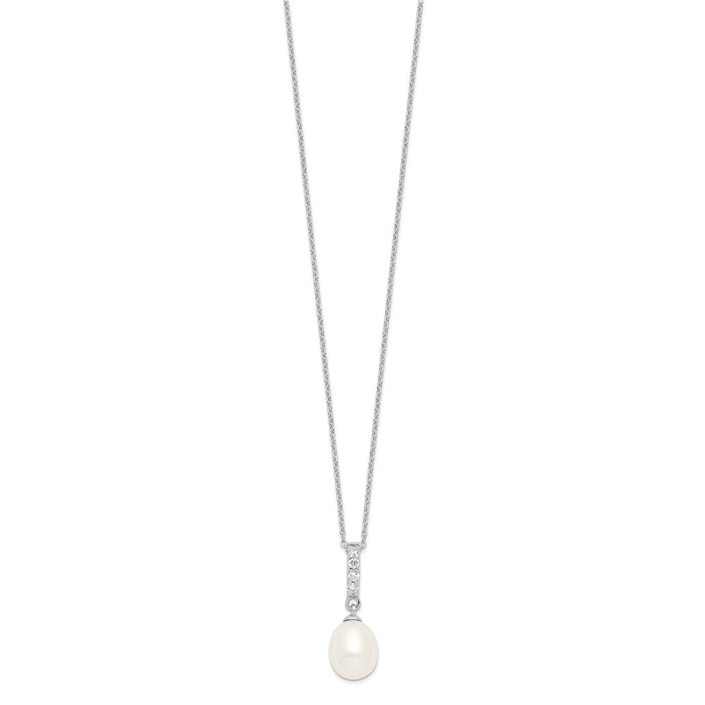 Sterling Silver Rhodium-plated 8- White Teardrop Freshwater Cultured Pearl and CZ Necklace