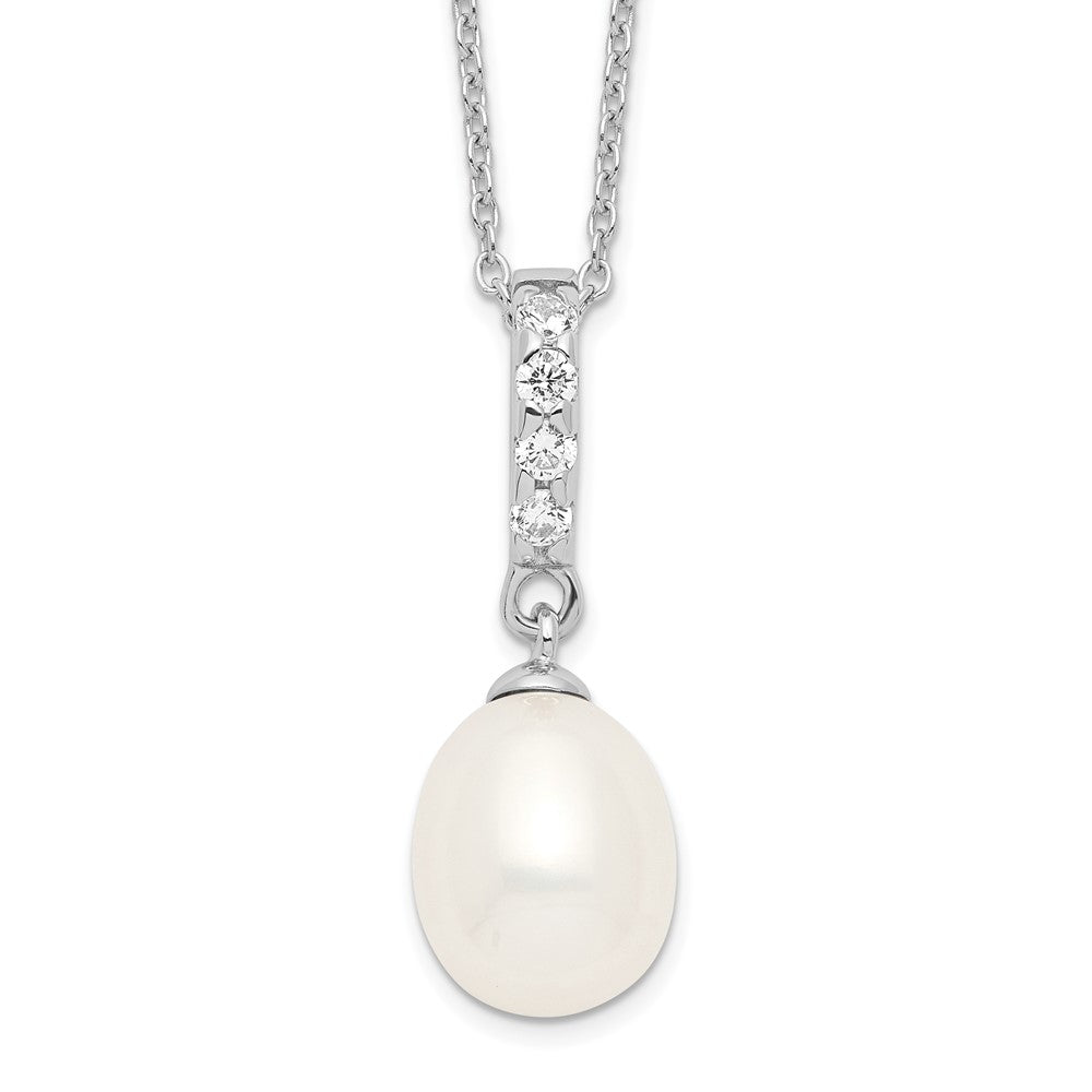 Sterling Silver Rhodium-plated 8- White Teardrop Freshwater Cultured Pearl and CZ Necklace