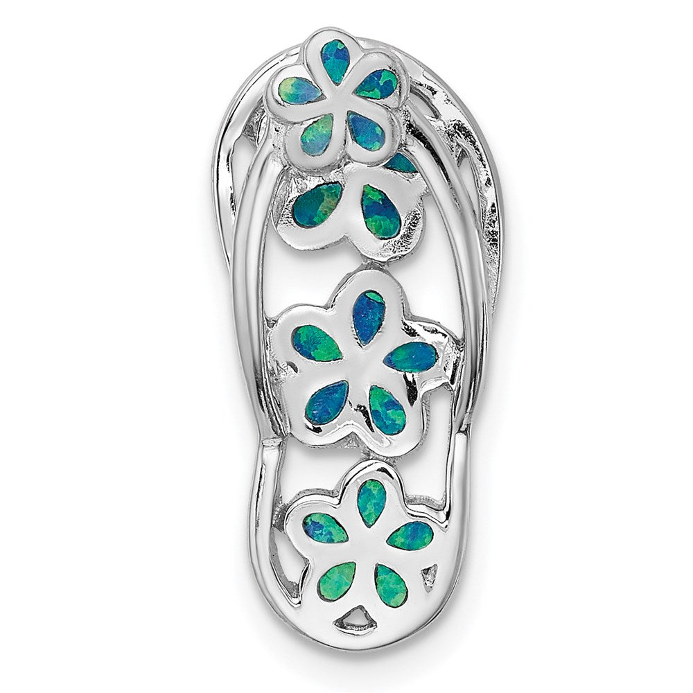 Sterling Silver Rhodium-plated Blue Lab Created Opal Flowers 3-D Flip-Flop Chain Slide