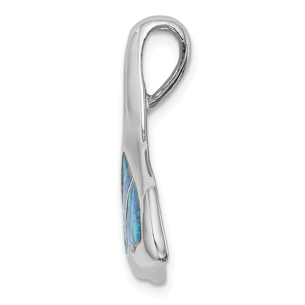 Sterling Silver Rhodium-plated Blue Inlay Created Opal Whale Tail Slide