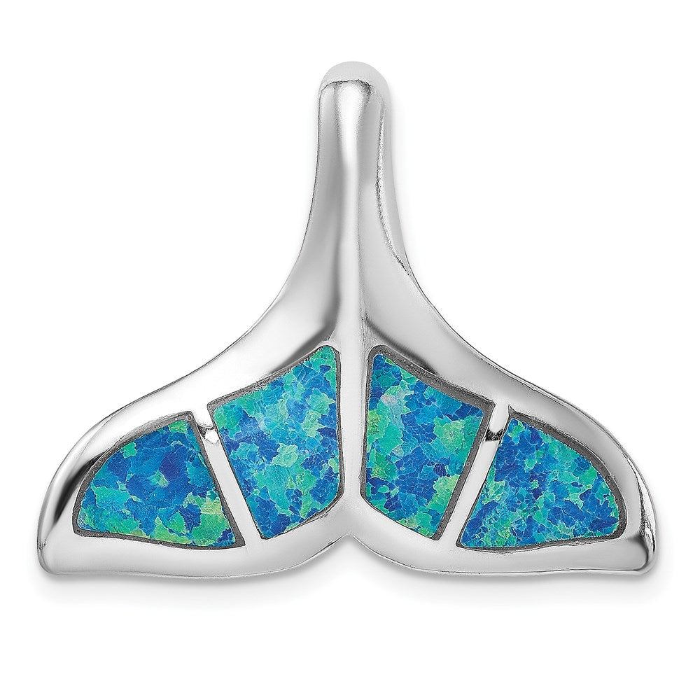 Sterling Silver Rhodium-plated Blue Inlay Created Opal Whale Tail Slide