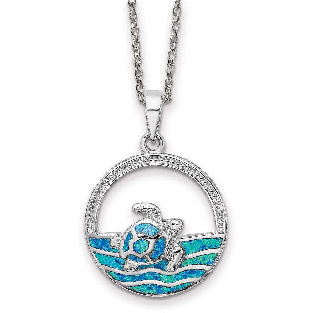 Sterling Silver Rh-pl Blue Inlay Created Opal Turtle Necklace