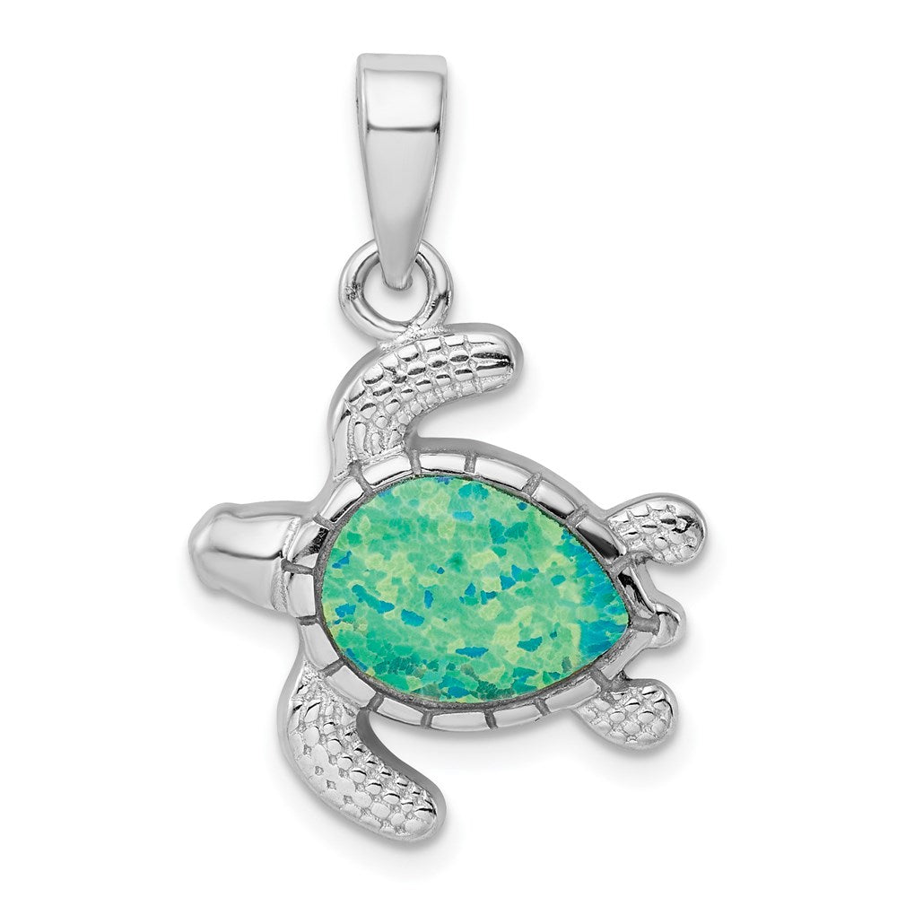 Sterling Silver Rhodium-plated Polished Green Inlay Created Opal Turtle Pendant