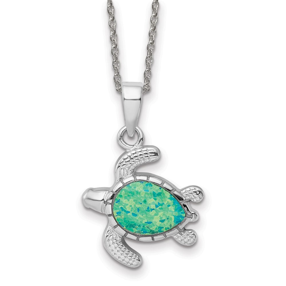 Sterling Silver Rh-pl Green Inlay Created Opal Turtle Necklace