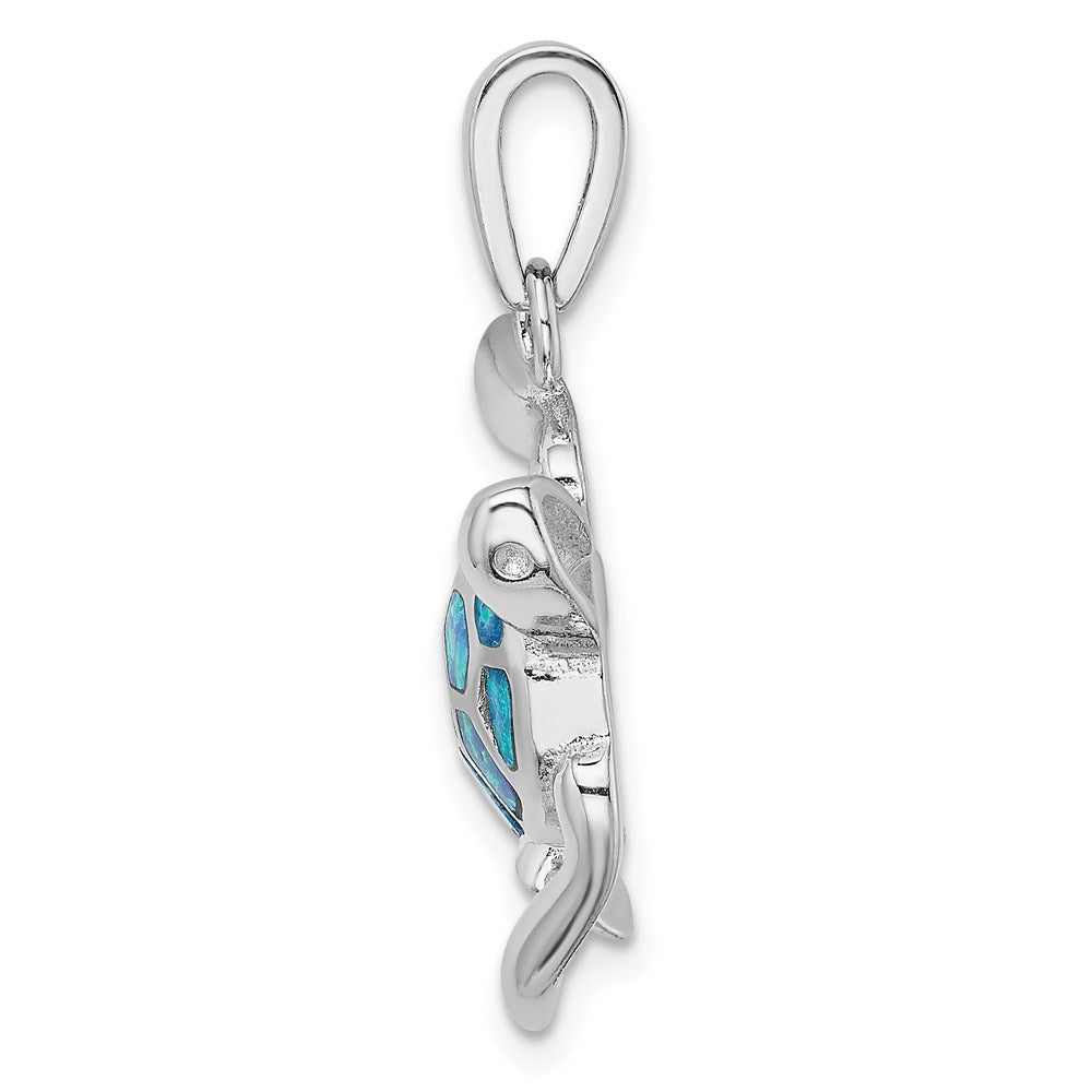 Sterling Silver Rh-pl Blue Inlay Created Opal Turtle Necklace