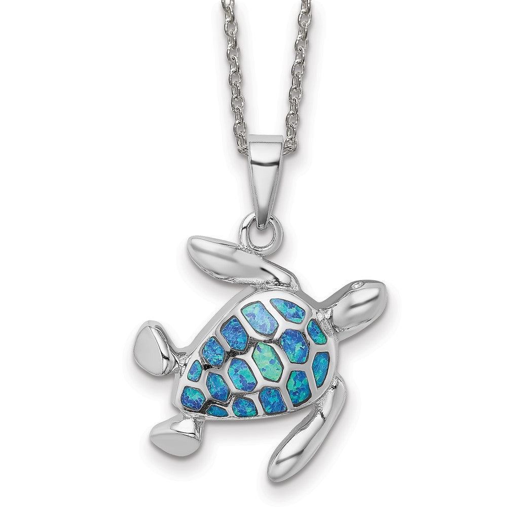 Sterling Silver Rh-pl Blue Inlay Created Opal Turtle Necklace