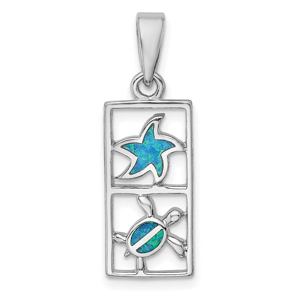 Sterling Silver Rhodium-plated Polished Blue Created Opal Starfish and Turtle Rectangle Pendant