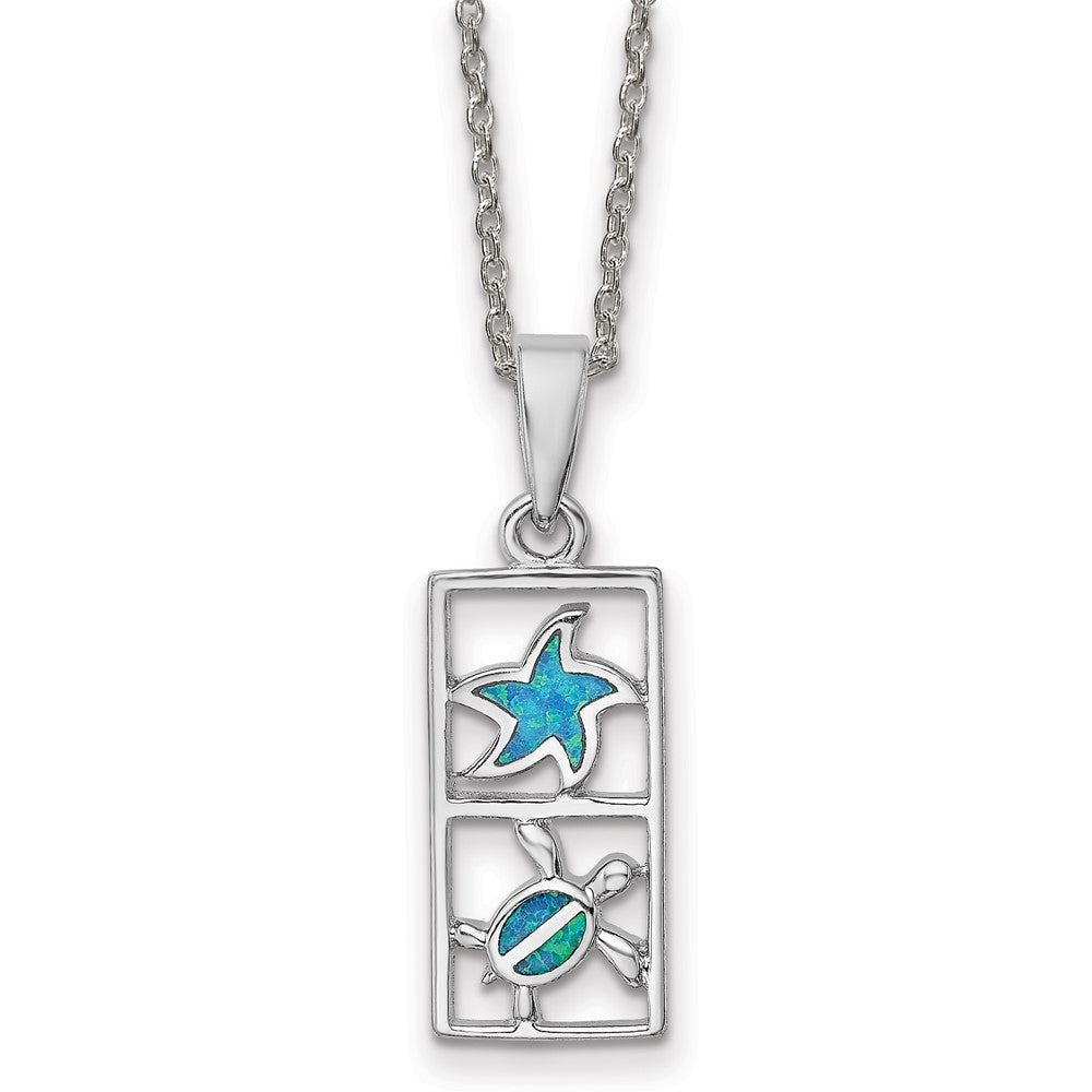 Sterling Silver Rh-pl Blue Created Opal Starfish Turtle Necklace