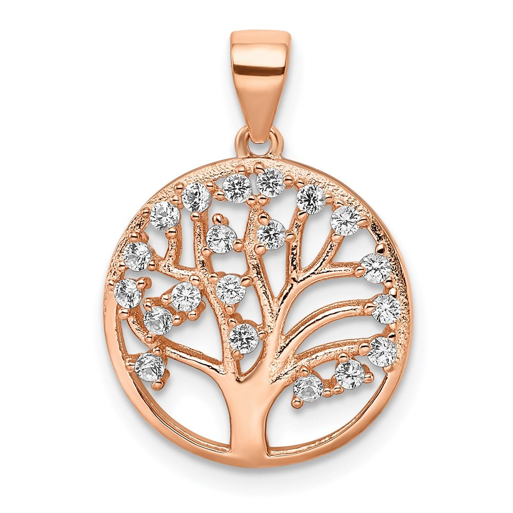 Sterling Silver Rose-tone Created White Sapphire Tree of Life Pendant