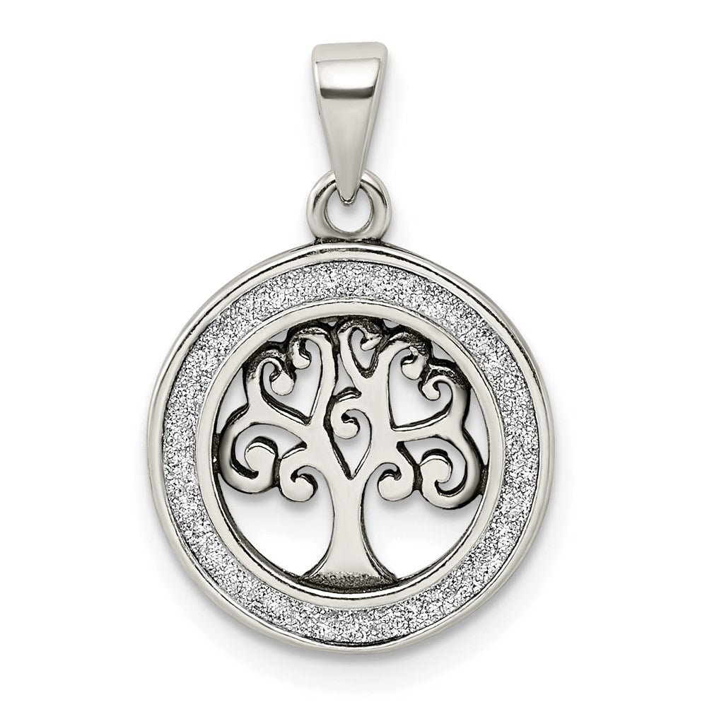 Sterling Silver Antiqued Enamel Glitter Enamel Tree in Circle Pendant