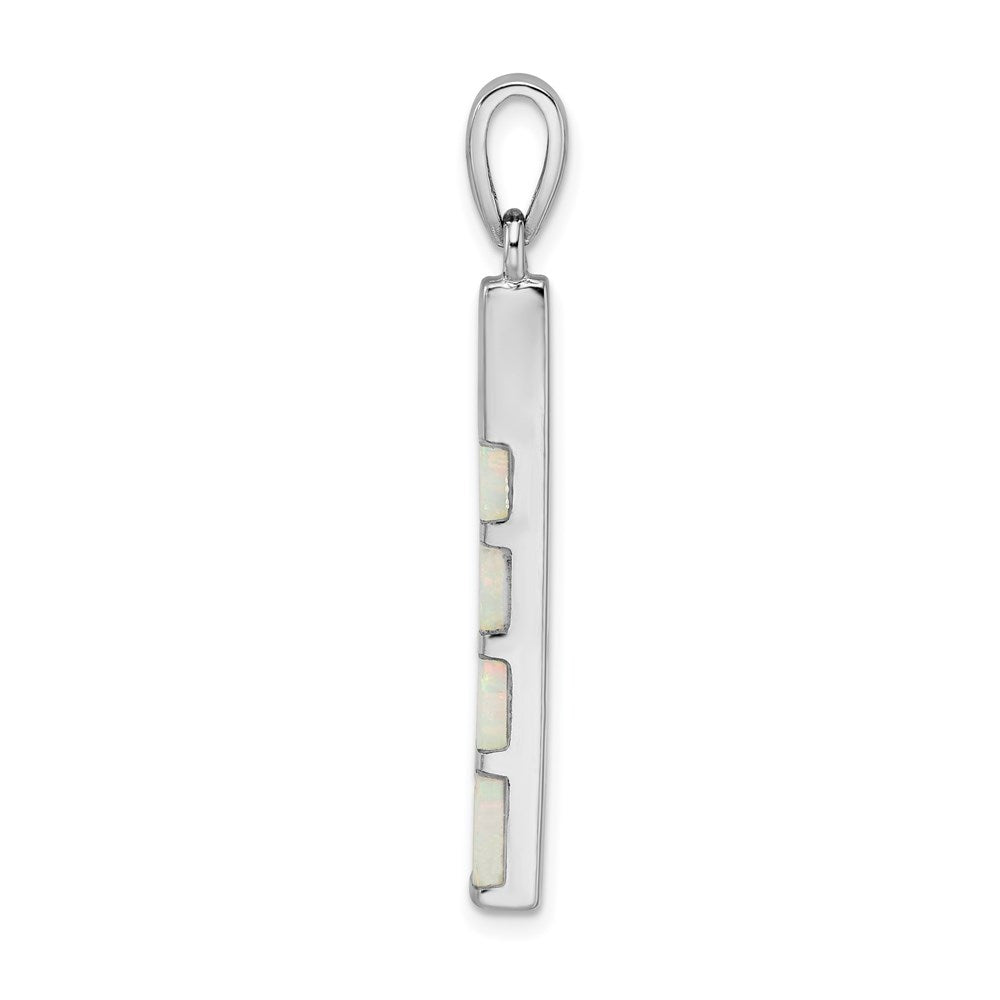Sterling Silver Rhodium-plated White Lab Created Opal Bar Pendant