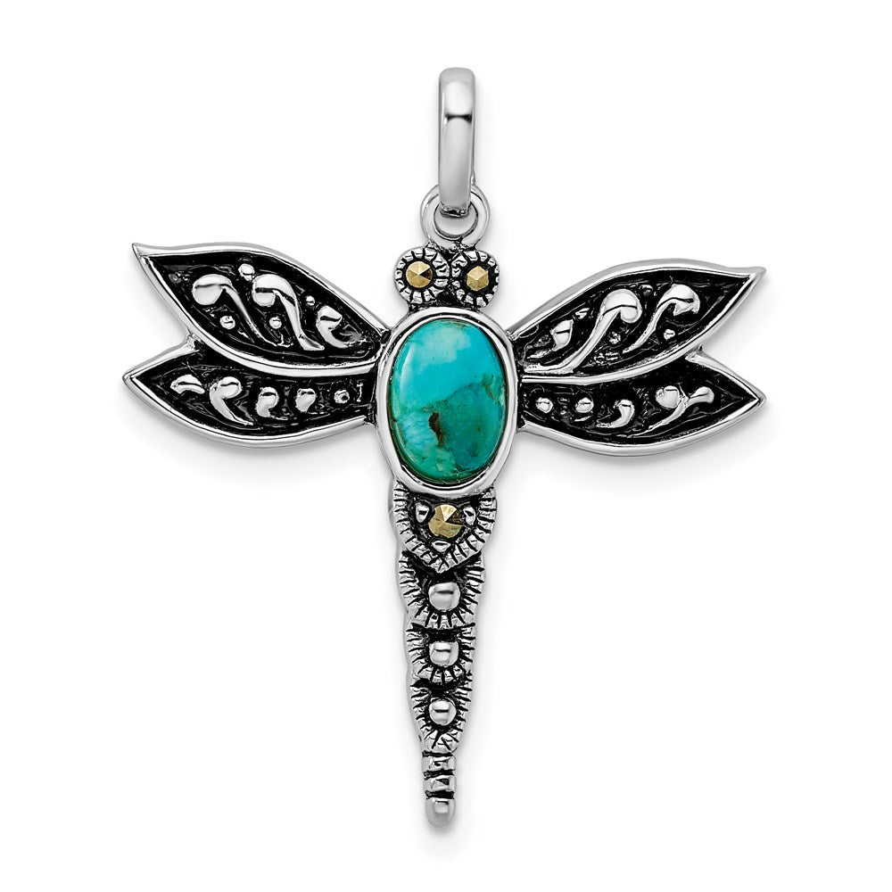 Sterling Silver Rhodium/Oxidized Recon. Turq/Marcasite Dragonfly Pendant