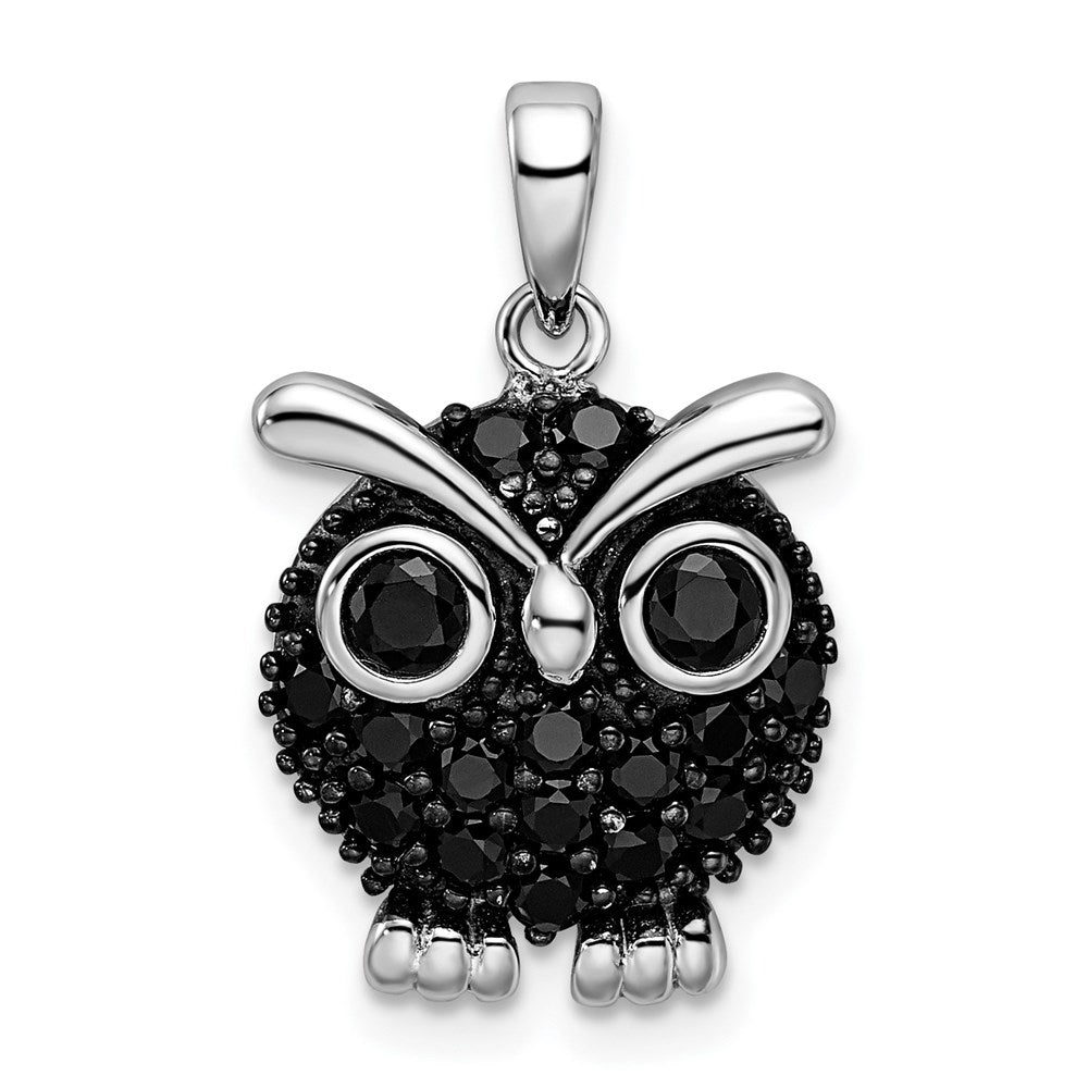 Sterling Silver Rhodium-plated Polished Black Rhodium Black CZ Owl Pendant