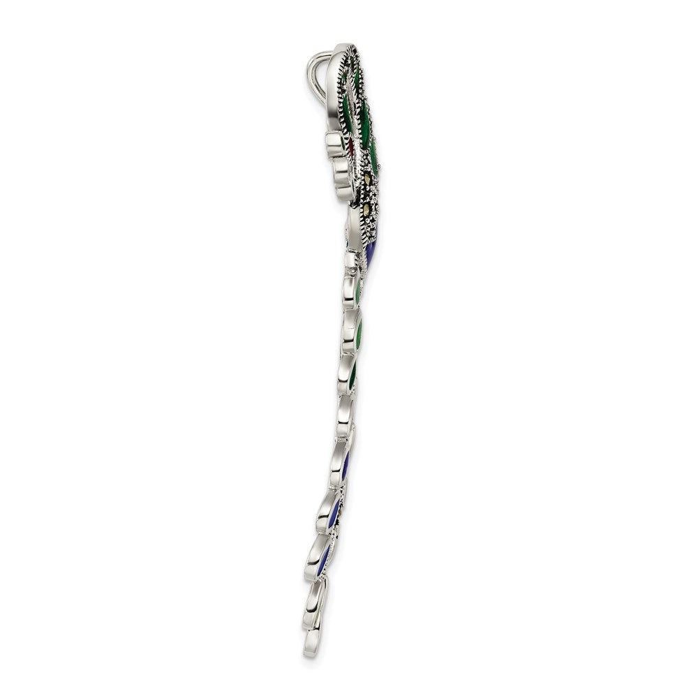 Sterling Silver Antiqued Green/Red/Blue Epoxy and Marcasite Peacock Chain Slide