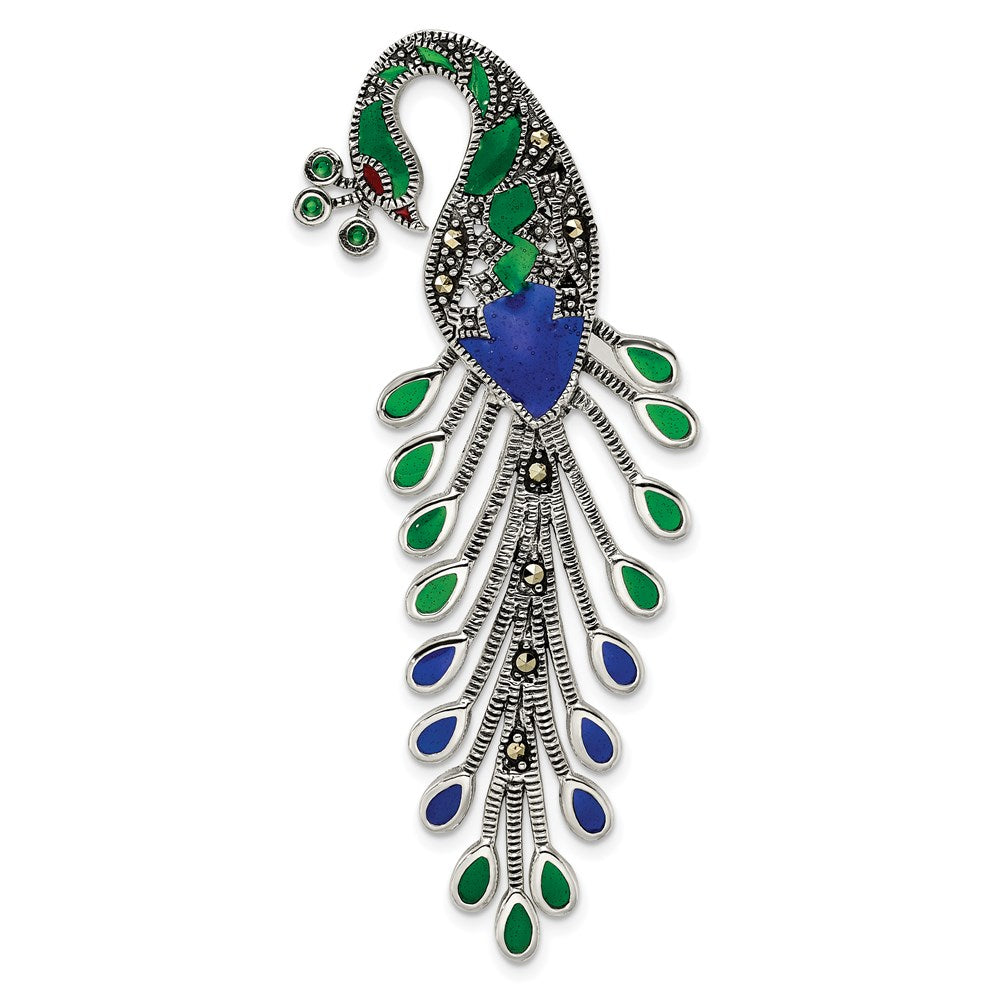 Sterling Silver Antiqued Green/Red/Blue Epoxy and Marcasite Peacock Chain Slide