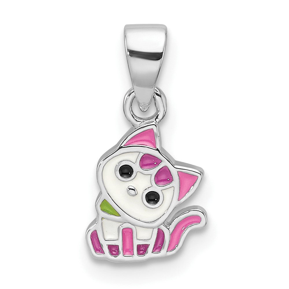 Sterling Silver Rhod-plated Multi-color Enameled Cat Children's Pendant