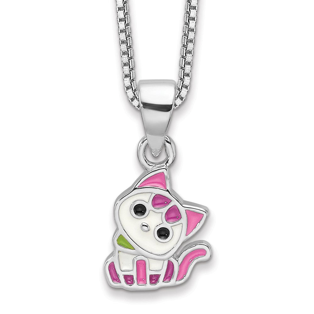 Sterling Silver Rhodium-plated Enamel Cat Children's Pendant Necklace