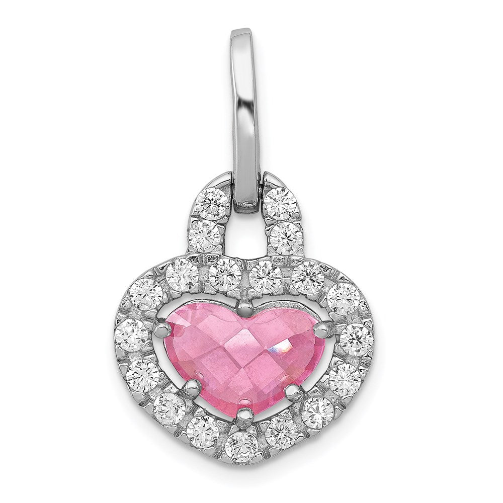 Sterling SilverRhodium Plated Pink and Clear CZ Heart Pendant