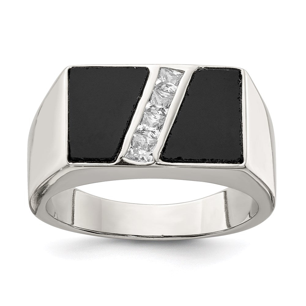 Sterling Silver Rhodium-plated Men's CZ and Onyx Ring