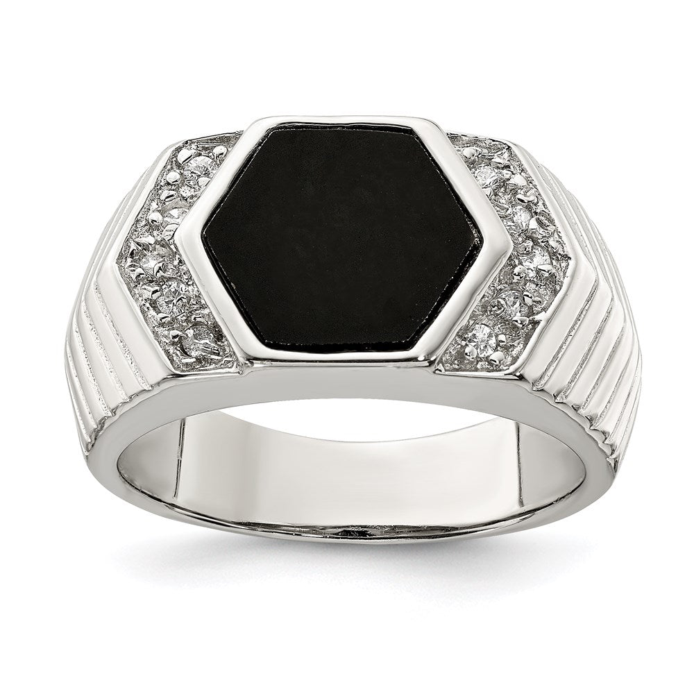 Sterling Silver Rhodium-plated Men's CZ and Onyx Ring