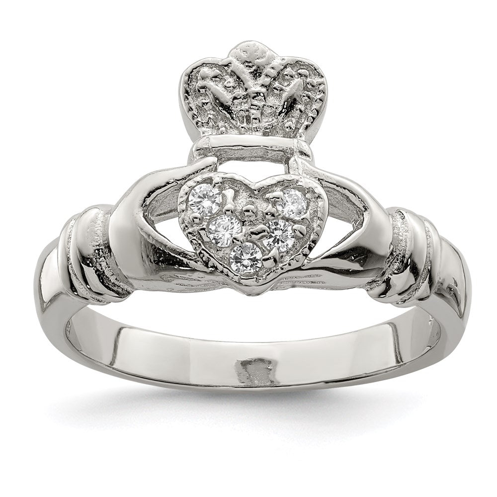 Sterling Silver CZ Rhodium-plated Claddagh Ring