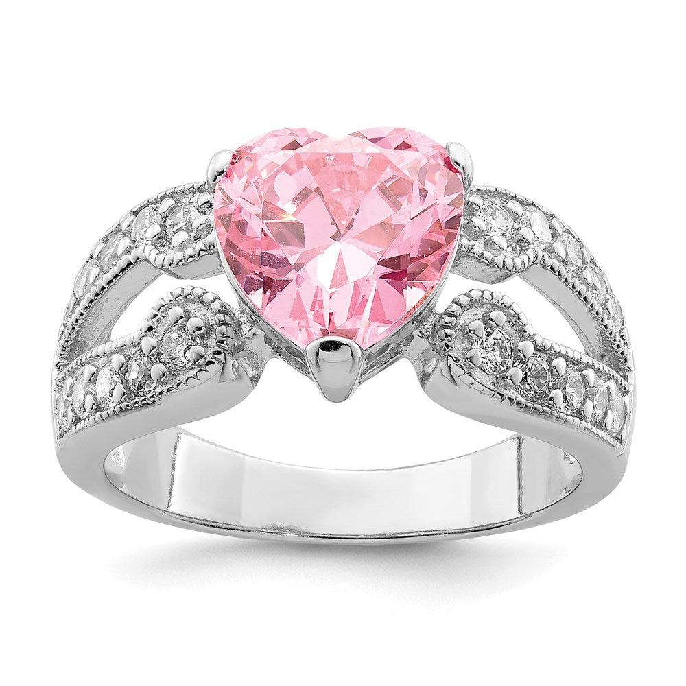 Sterling Silver Rhodium plated Clear CZ and Pink Heart CZ Ring