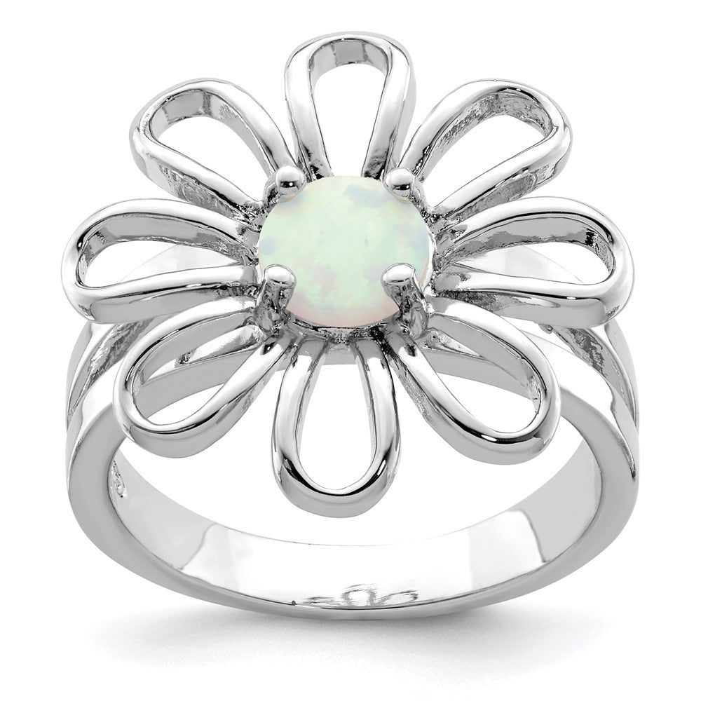 Sterling Silver Rhodium-plated lab Created Opal Flower Ring