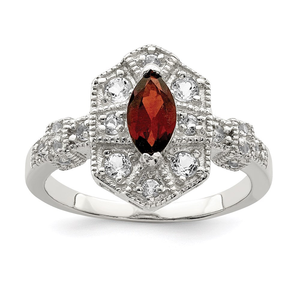 Sterling Silver Rhodium-plated Dark Red Marquise CZ Ring