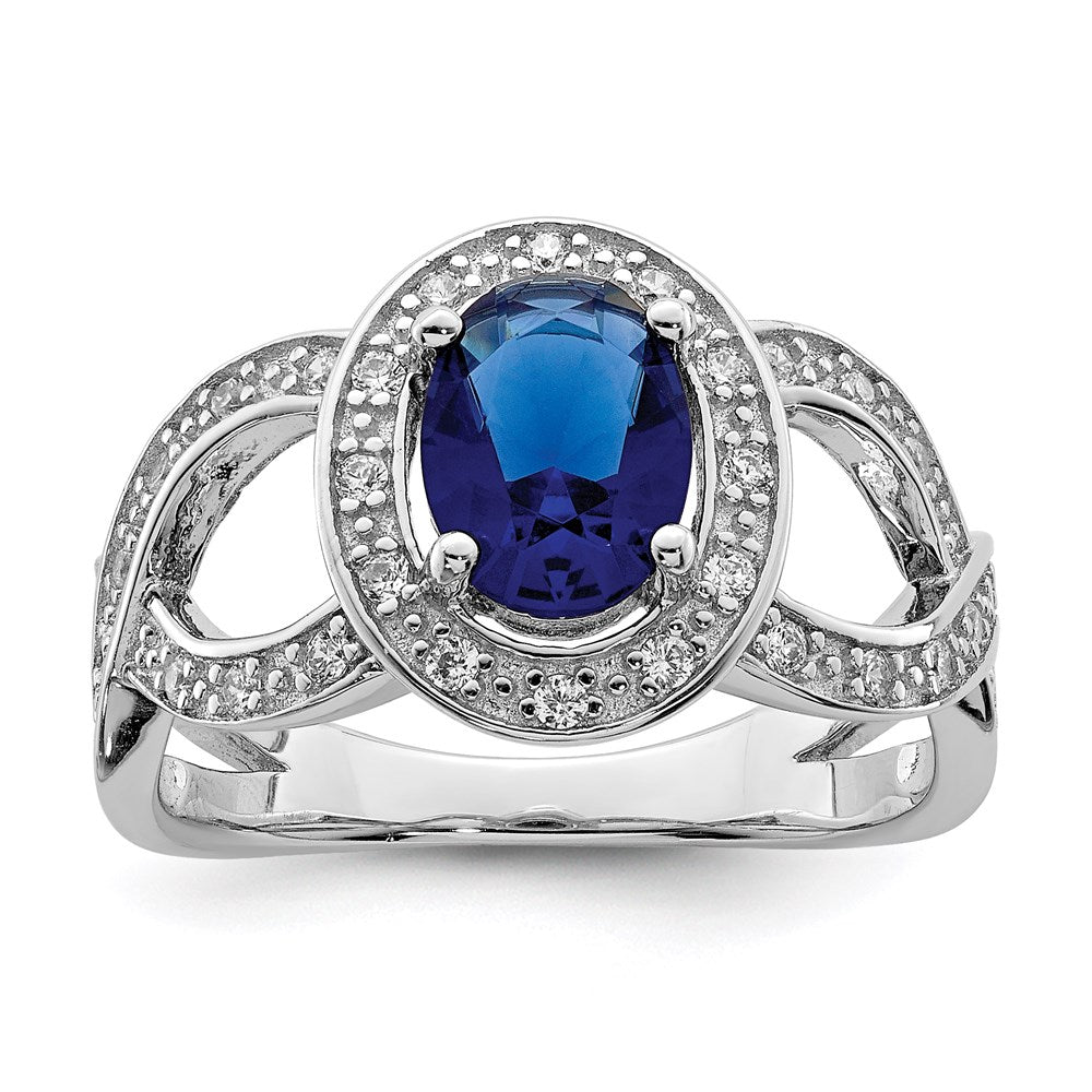 Sterling Silver Rhodium plated Dark Blue Glass & CZ Ring