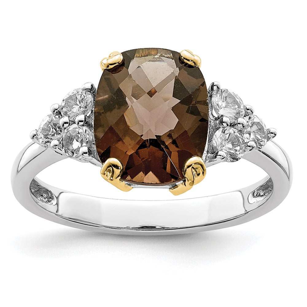 Brilliant Gemstones Sterling Silver with 14K Accent Rhodium-plated Smoky Quartz and White Topaz Ring