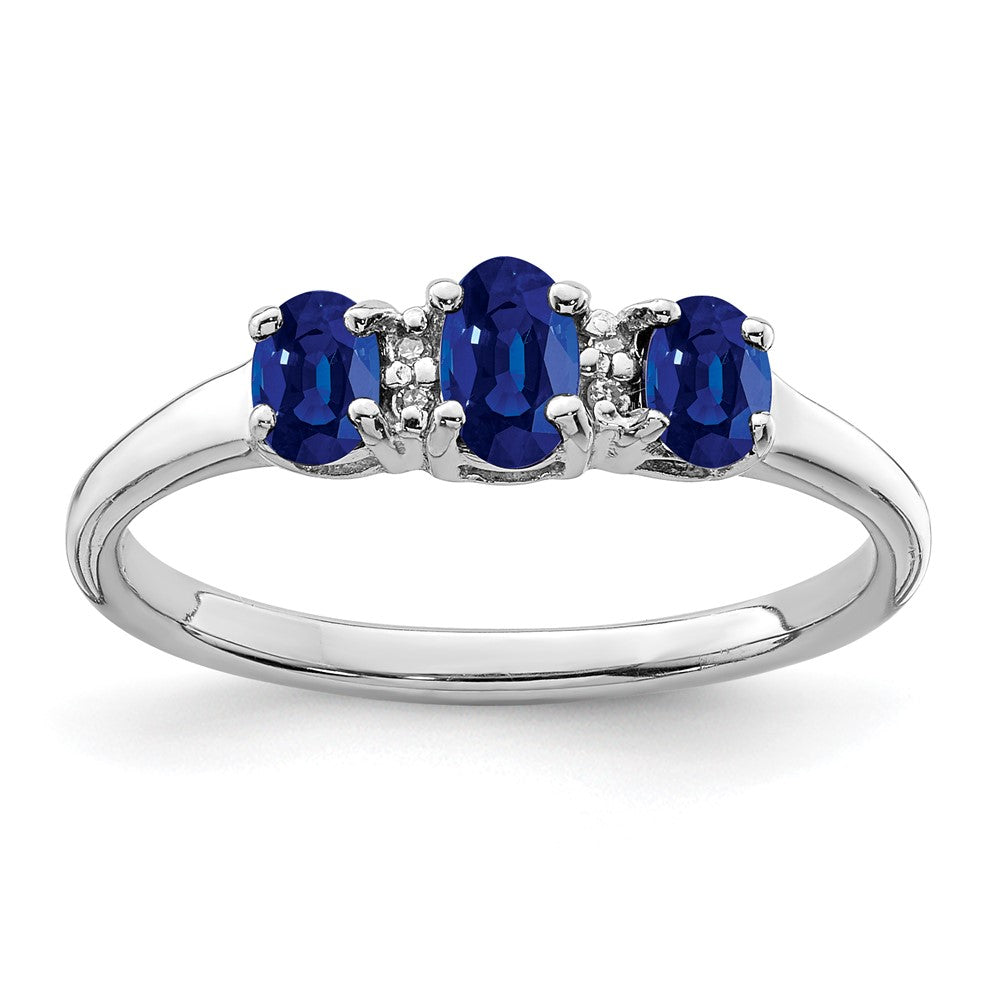 Sterling Silver Rhodium 3 Oval Sapphire & Diamond Ring