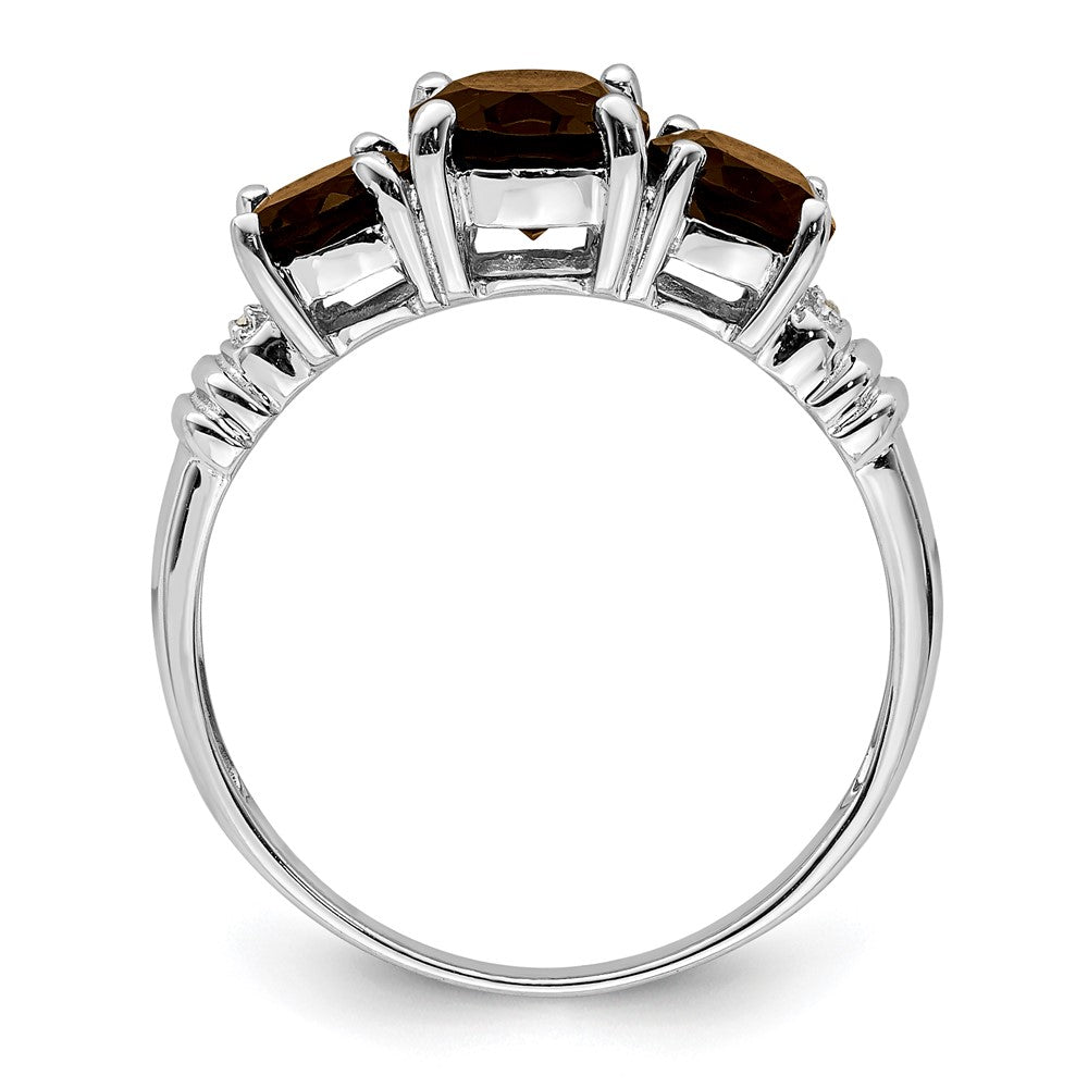 Sterling Silver Rhodium 3 Stone Smoky Quartz & Diamond Ring