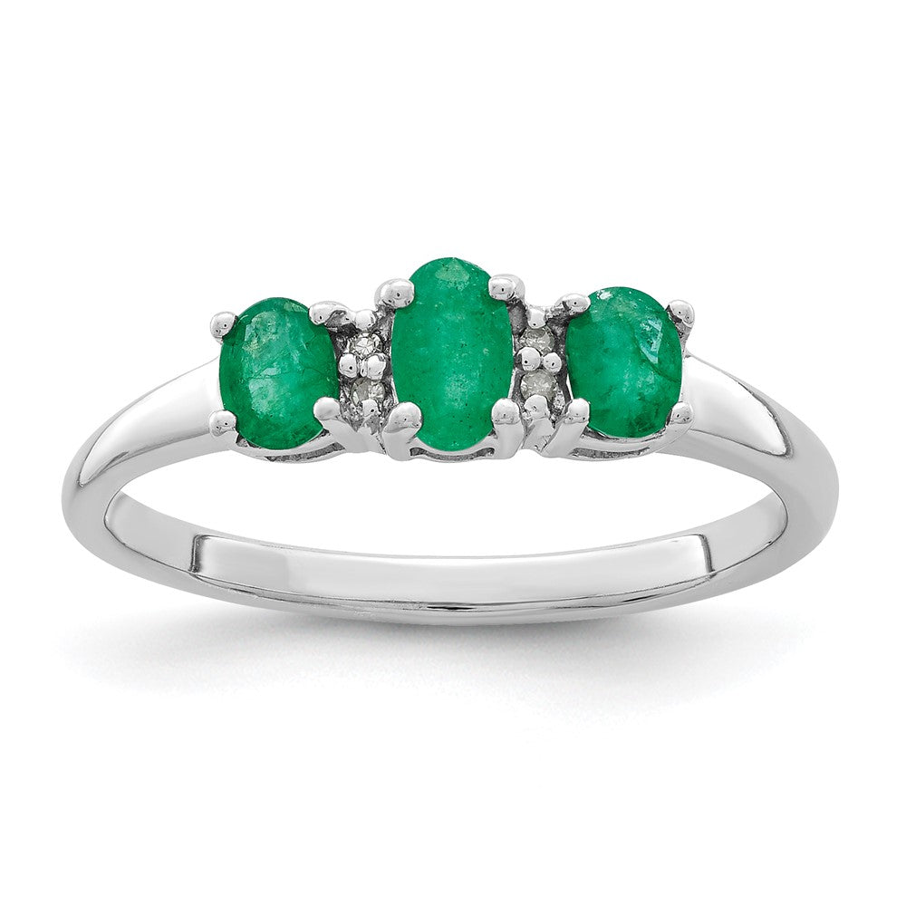 Sterling Silver Rhodium-plated Emerald 3 Stone and Diamond Ring