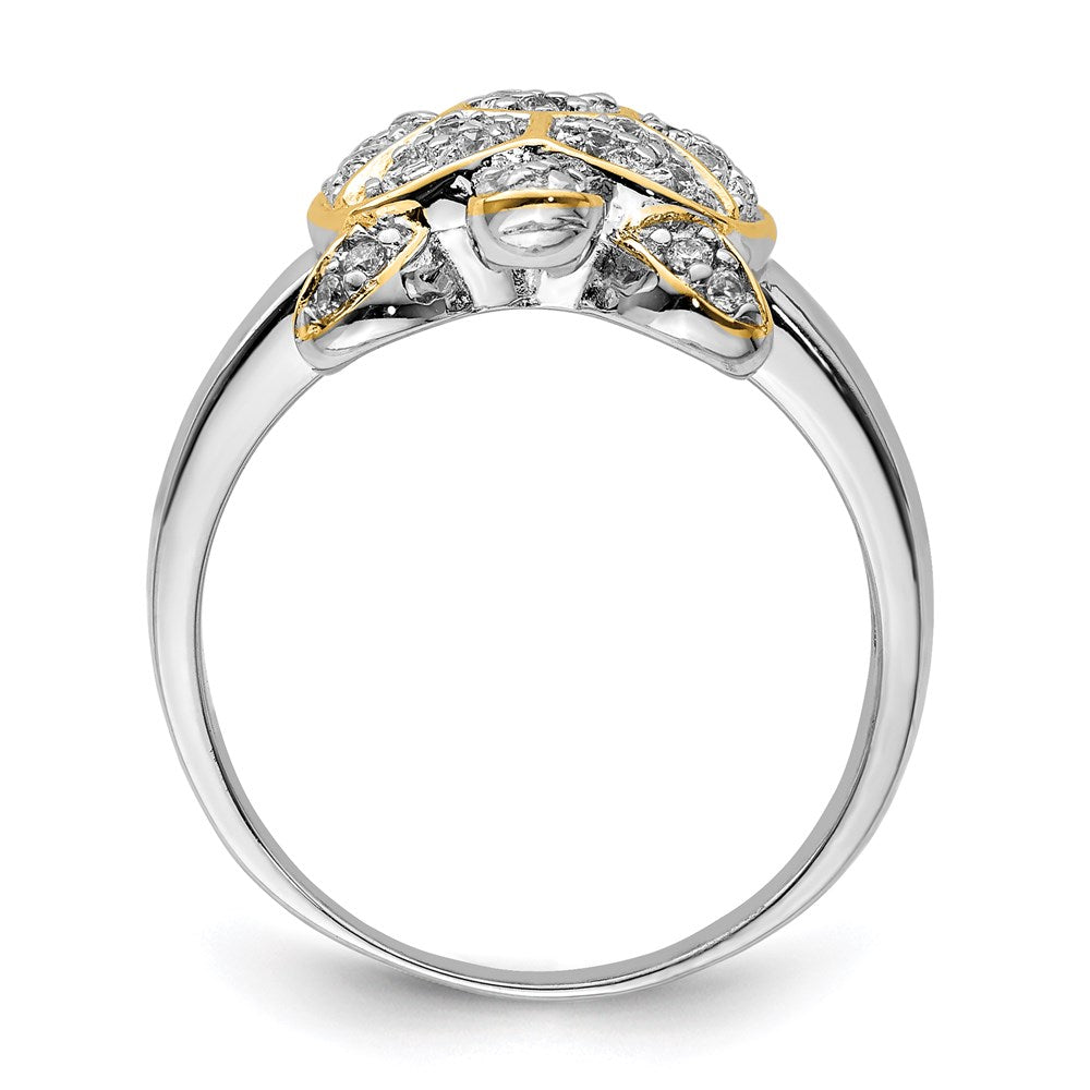 Sterling Silver Rhodium-plated CZ and Flash Gold-Plated Turtle Ring