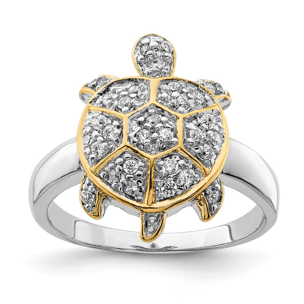 Sterling Silver Rhodium-plated CZ and Flash Gold-Plated Turtle Ring